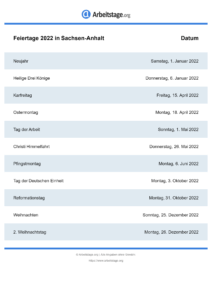 Feiertage Sachsen-Anhalt 2022 DIN A0