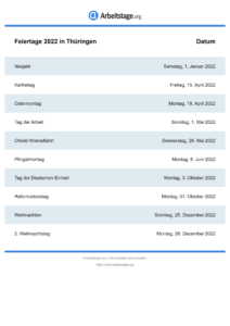 Feiertage Thüringen 2022 DIN A0