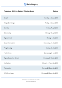 Feiertage Baden-Württemberg 2023 DIN A0