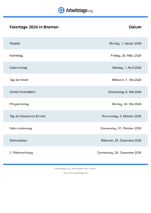 Feiertage Bremen 2024 DIN A0