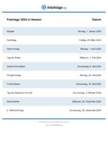 Feiertage Hessen 2024 DIN A0