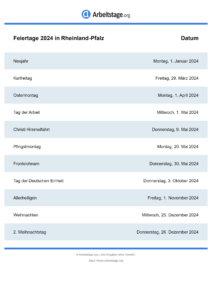 Feiertage Rheinland-Pfalz 2024 DIN A0