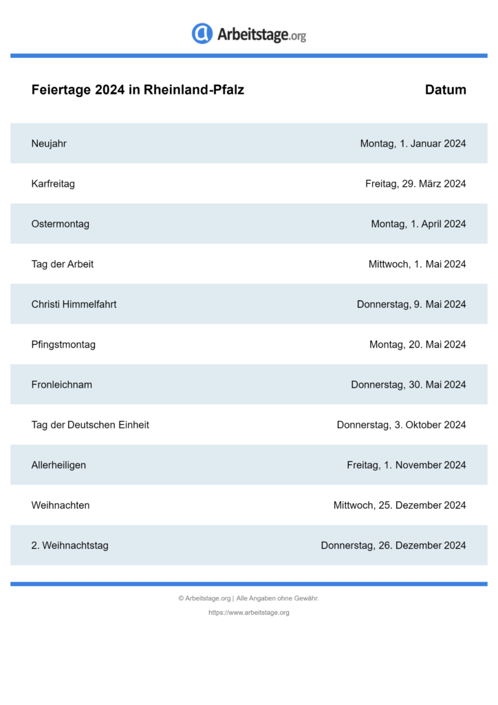 Feiertage 2024 in RheinlandPfalz • Termine & Infos