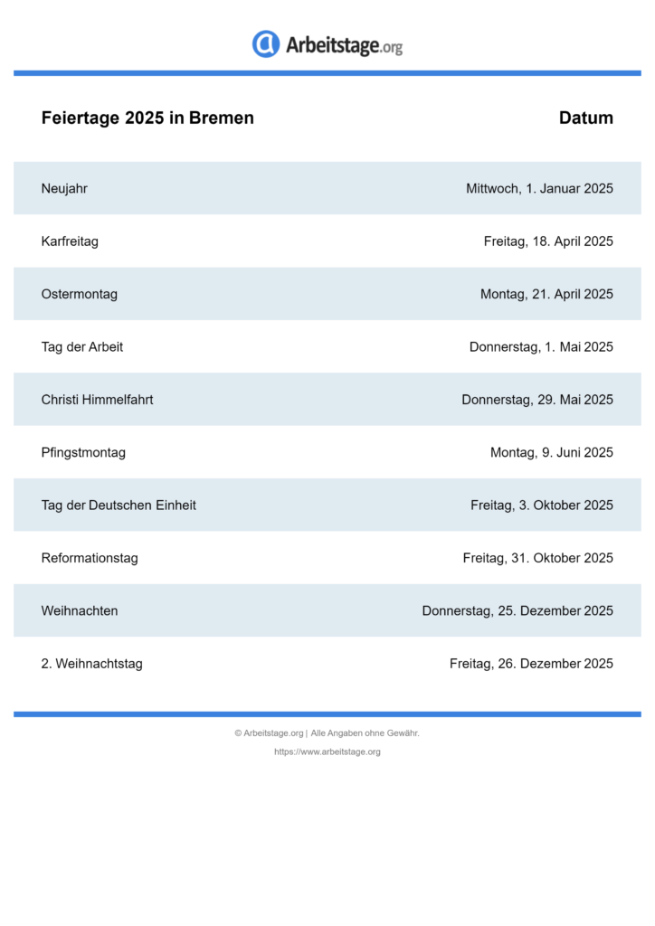 Feiertage 2025 in Bremen • Termine & Infos
