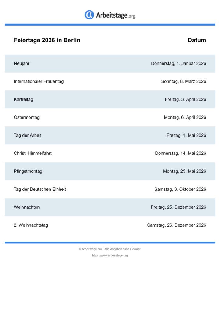  Feiertage 2026 in Berlin • Termine & Infos Motiv 