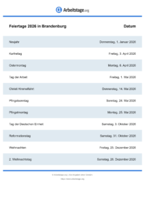 Feiertage Brandenburg 2026 DIN A0