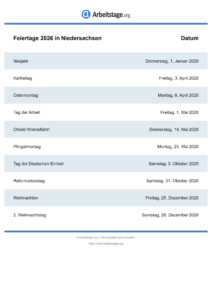 Feiertage Niedersachsen 2026 DIN A0