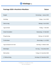 Feiertage Nordrhein-Westfalen 2026 DIN A0