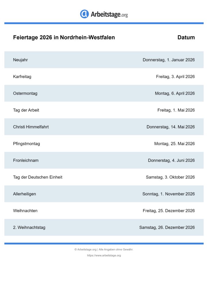 Feiertage 2026 in Nordrhein-Westfalen • Termine & Infos Illustration 