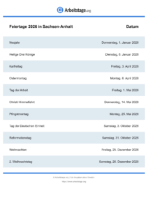 Feiertage Sachsen-Anhalt 2026 DIN A0