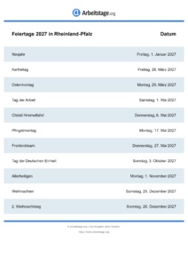 Feiertage Rheinland-Pfalz 2027 DIN A0