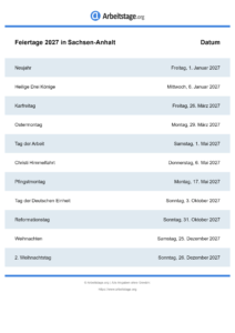 Feiertage Sachsen-Anhalt 2027 DIN A0