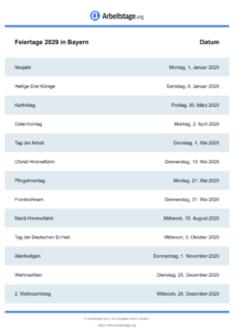 Feiertage Bayern 2029 DIN A0