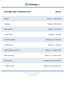 Feiertage Niedersachsen 2029 DIN A0