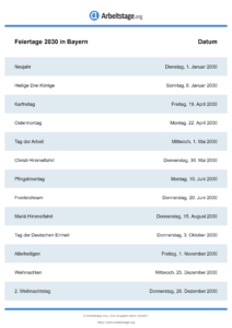 Feiertage Bayern 2030 DIN A0