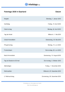 Feiertage Saarland 2030 DIN A0