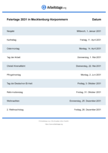 Feiertage Mecklenburg-Vorpommern 2031 DIN A0