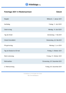 Feiertage Niedersachsen 2031 DIN A0