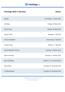 Feiertage Sachsen 2032 DIN A0