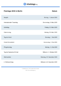 Feiertage Berlin 2035 DIN A0