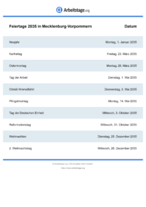 Feiertage Mecklenburg-Vorpommern 2035 DIN A0