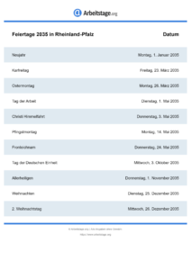 Feiertage Rheinland-Pfalz 2035 DIN A0