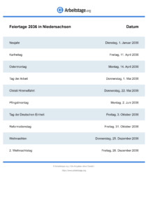 Feiertage Niedersachsen 2036 DIN A0