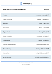 Feiertage Sachsen-Anhalt 2037 DIN A0