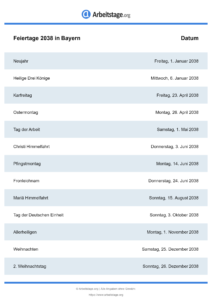 Feiertage Bayern 2038 DIN A0