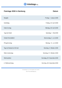 Feiertage Hamburg 2038 DIN A0