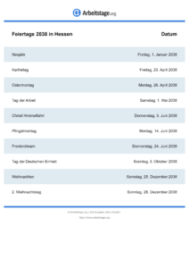 Feiertage Hessen 2038 DIN A0