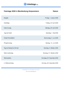 Feiertage Mecklenburg-Vorpommern 2038 DIN A0