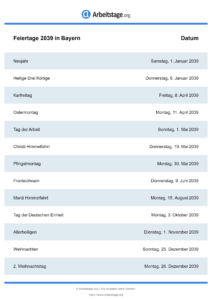 Feiertage Bayern 2039 DIN A0