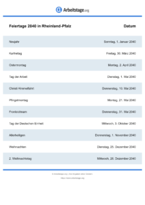 Feiertage Rheinland-Pfalz 2040 DIN A0