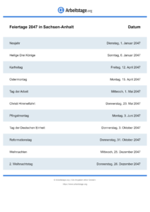 Feiertage Sachsen-Anhalt 2047 DIN A0