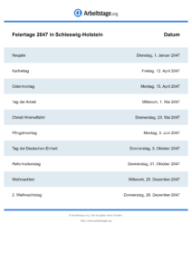 Feiertage Schleswig-Holstein 2047 DIN A0