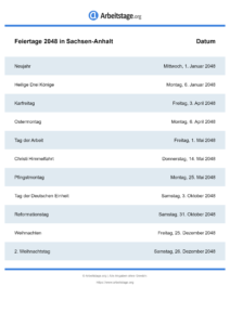 Feiertage Sachsen-Anhalt 2048 DIN A0