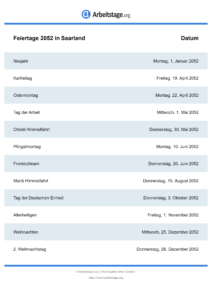 Feiertage Saarland 2052 DIN A0