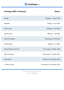 Feiertage Hamburg 2058 DIN A0