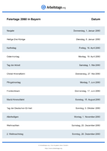 Feiertage Bayern 2060 DIN A0