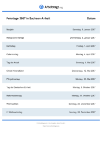 Feiertage Sachsen-Anhalt 2067 DIN A0