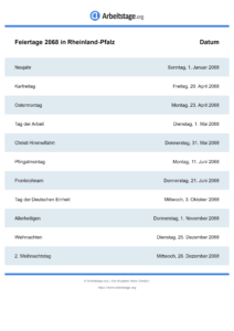 Feiertage Rheinland-Pfalz 2068 DIN A0