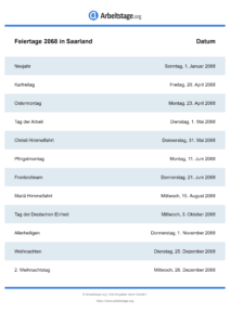 Feiertage Saarland 2068 DIN A0