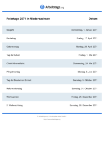 Feiertage Niedersachsen 2071 DIN A0