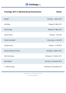 Feiertage Mecklenburg-Vorpommern 2073 DIN A0