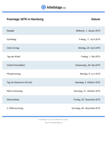 Feiertage Hamburg 2076 DIN A0