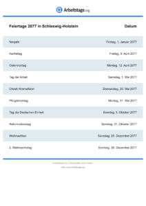 Feiertage Schleswig-Holstein 2077 DIN A0