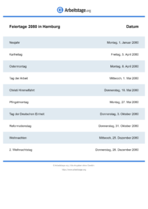 Feiertage Hamburg 2080 DIN A0