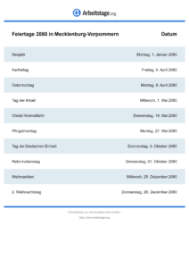 Feiertage Mecklenburg-Vorpommern 2080 DIN A0