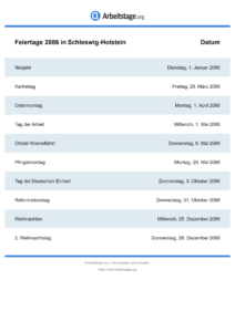 Feiertage Schleswig-Holstein 2086 DIN A0